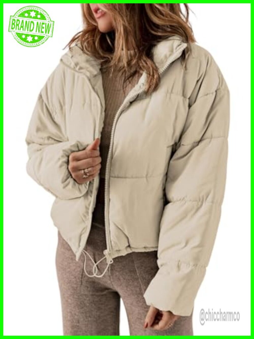 Womens Quilted Puffer Jacket Long Sleeve Full Zip Loose Fit Winter Coat